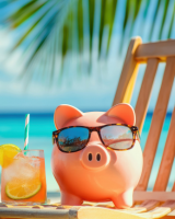 Tirelire en forme de cochon avec des lunettes de soleil sur un transat en vacances sur la plage avec un cocktail